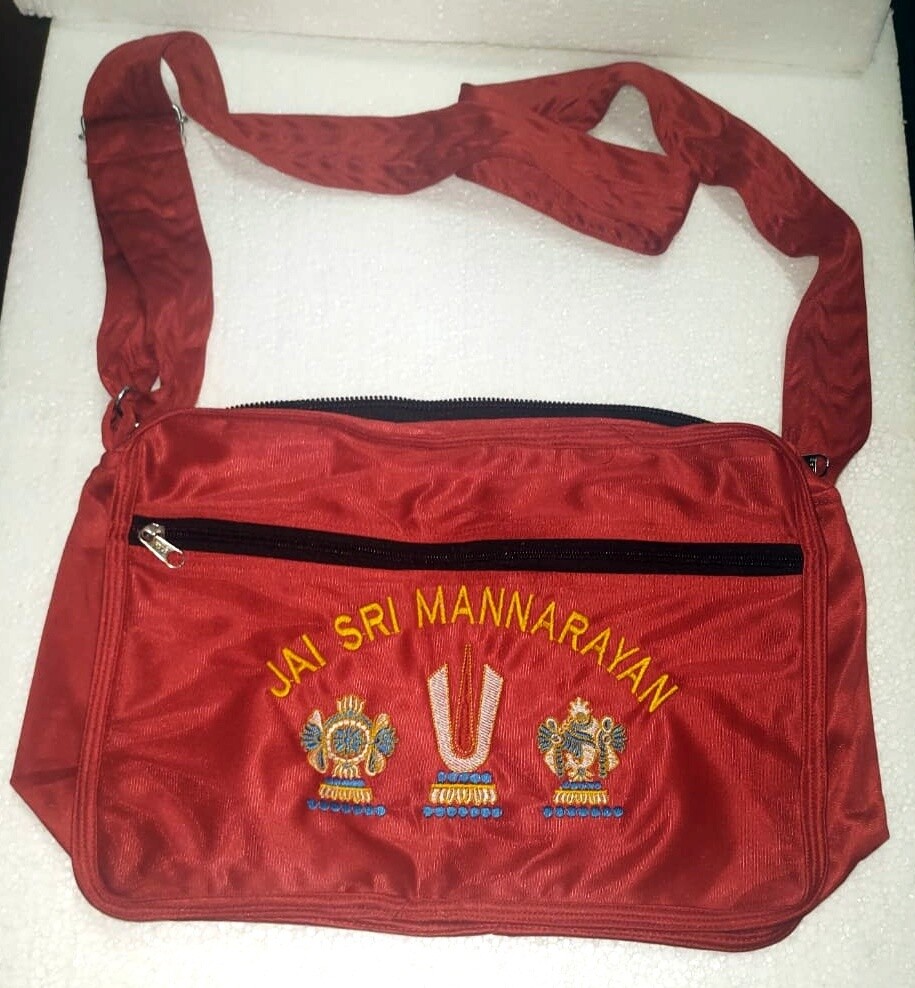 Red colour Ayodhya Canvas / Cotton Bags , Multipurpose / Multi compartment , Andavan  Thirumann 
( Size - L, 
9.5 Ht. x 13 inches wide)