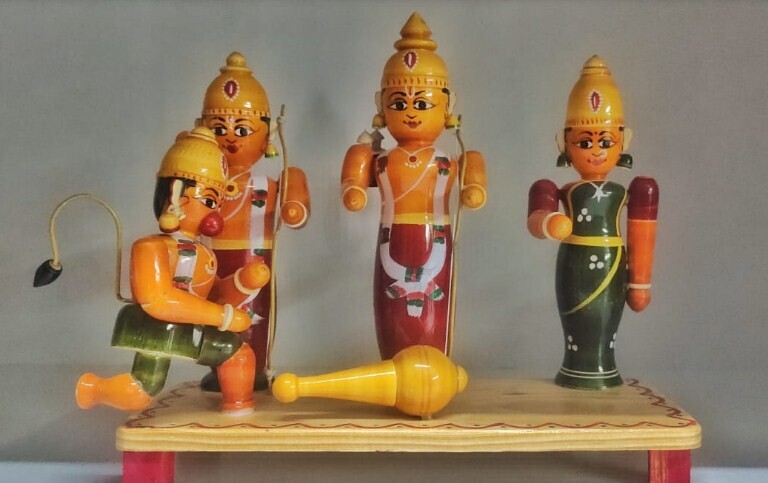 Sri Ram, Lakshman, Sita &amp; Hanuman Etikoppaka Toy/Doll set of 4 toys(Dolls) - Etikoppaka Sri Rama Pattabhishekam Set | Ankudu Wood | 10 X 4(Width x Depth) x 7 inches Ht.