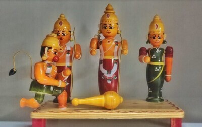 Sri Ram, Lakshman, Sita &amp; Hanuman Etikoppaka Toy/Doll set of 4 toys(Dolls) - Etikoppaka Sri Rama Pattabhishekam Set | Ankudu Wood | 10 X 4(Width x Depth) x 7 inches Ht.