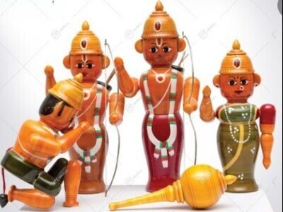 Sri Ram, Lakshman, Sita & Hanuman Etikoppaka Toy/Doll set of 4 toys(Dolls) - Etikoppaka Sri Rama Pattabhishekam Set | Ankudu Wood | 10 X 4(Width x Depth) x 7 inches Ht.