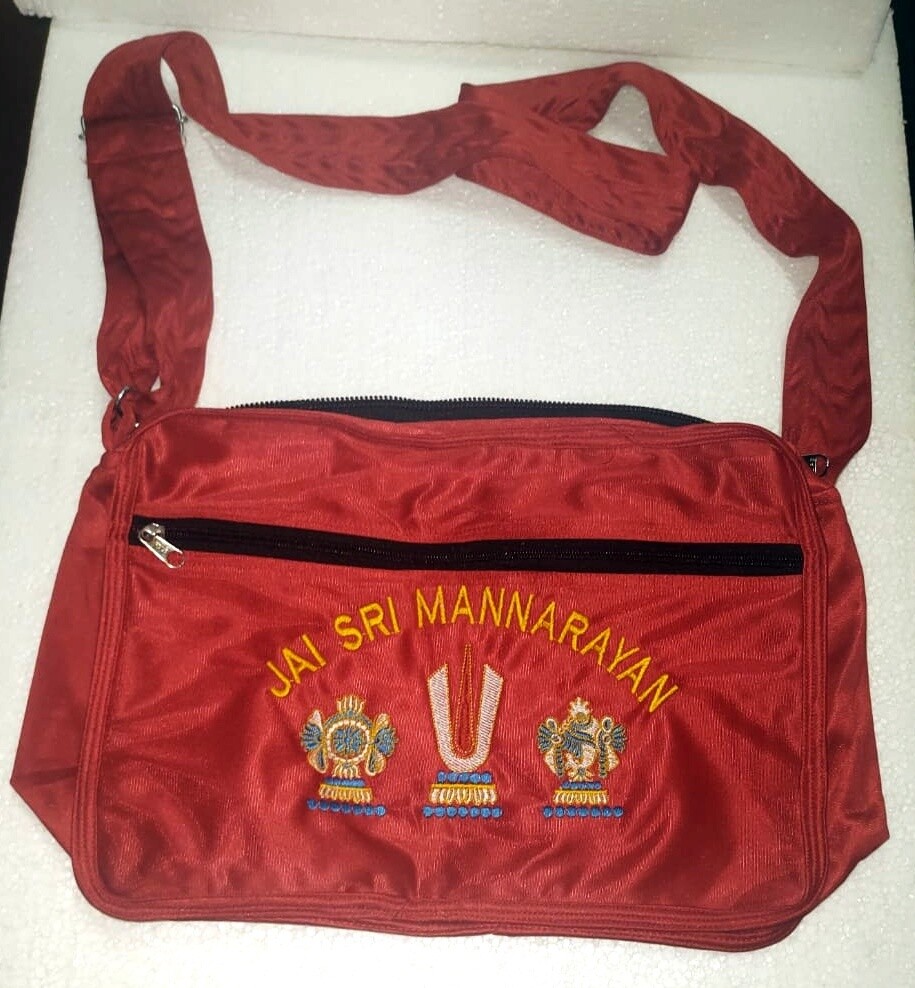 Red colour Ayodhya Canvas / Cotton Bags , Multipurpose / Multi compartment , Vadakalai Thirumann ( Size - L, 9.5 Ht. x 13 inches wide) Red colour Ayodhya Canvas / Cotton Bags , Multipurpose / Multi compartment , Vadakalai Thirumann ( Size - L, 9.5 Ht. x 13 inches wide)