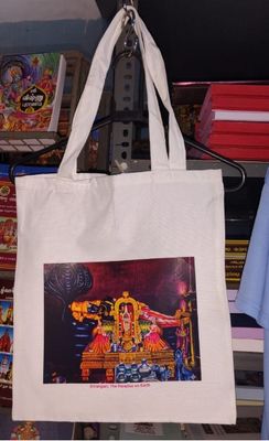 White canvas Tote Bag 15x13 hxw inches with 12 inch handles and Lord Ranganatha image on single side only
