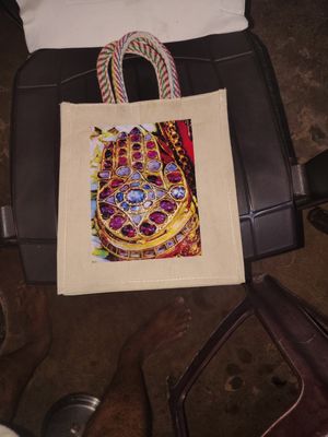 White jute Bag 12x8 hxw inches with thick handles and Lord Ranganatha Abhayahatham image on single side only