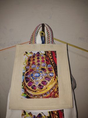 White jute Bag 12x8 hxw inches with thick handles and Lord Ranganatha Abhayahatham image on single side only