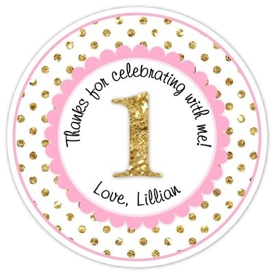 Pink and Gold Dots 1st Birthday Stickers Pink and Gold Dots 1st Birthday Stickers