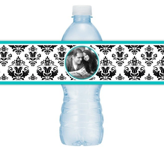 Damask Photo Wedding Water Bottle Labels