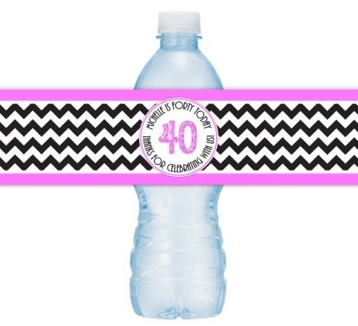 Hot Pink and Black Chevron 40th Birthday Water Bottle Labels
