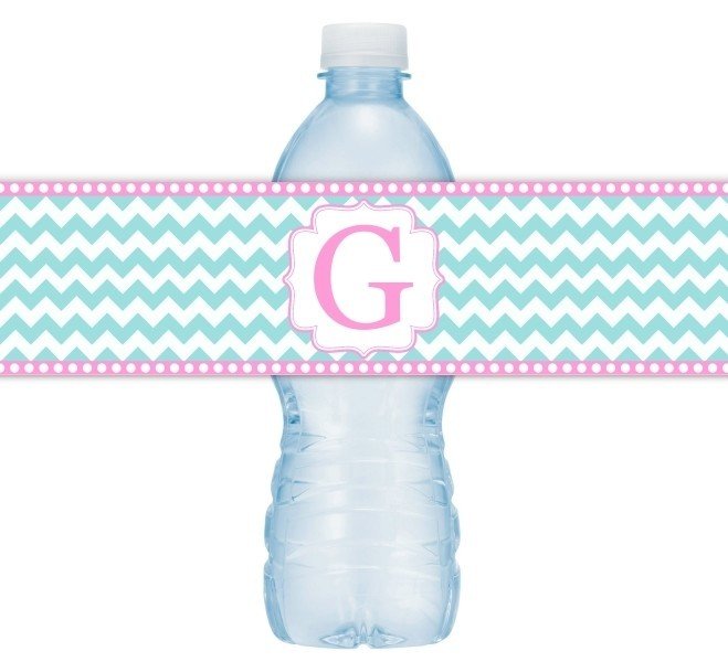 Pink and Green Chevron Monogram Water Bottle Labels