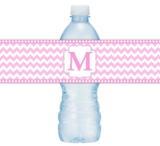 Pink Chevron Monogram Water Bottle Labels
