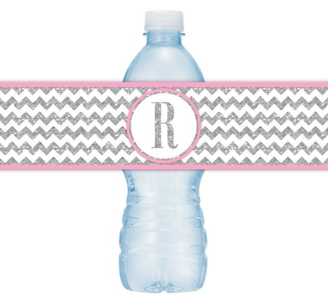 Silver and Pink Monogram Water Bottle Labels