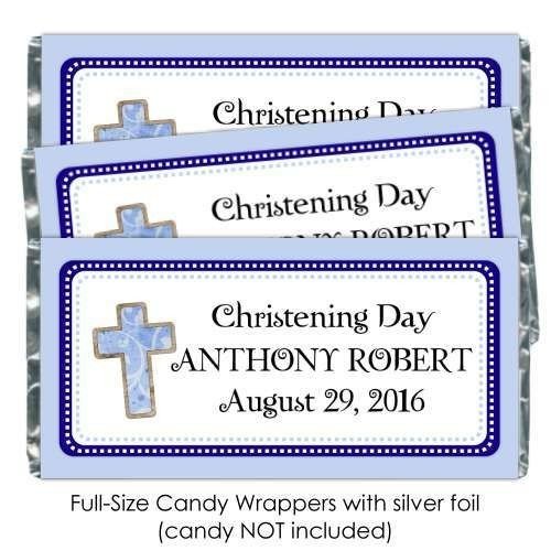 Blue Christening Candy Wrappers with Cross