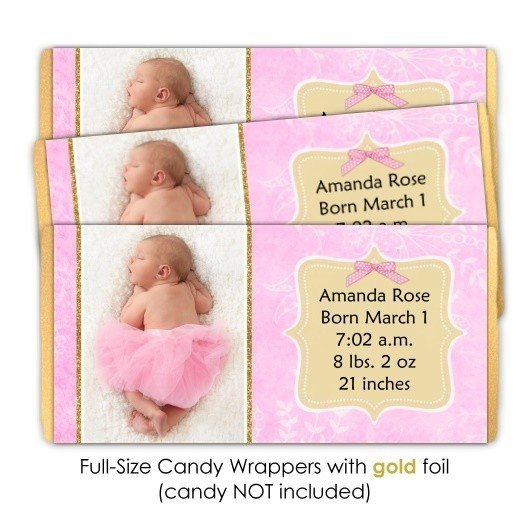 Pink and Gold Birth Announcement Candy Wrappers