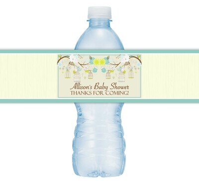 Green Birdcage Baby Shower Water Bottle Labels