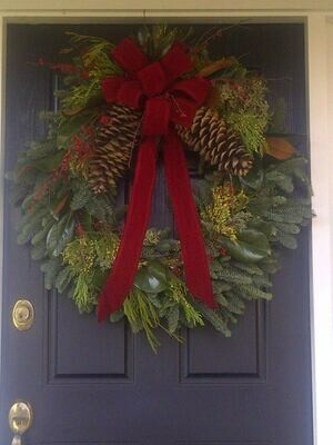 Decorated Wreath - 24&quot; Noble Fir Mixed Fancy Wreath with Red Bow