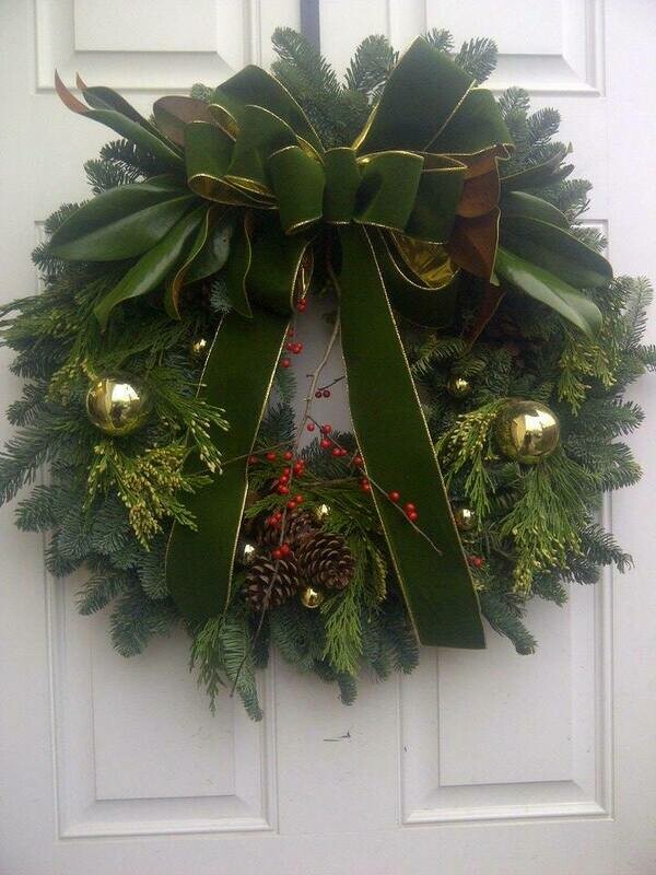 Decorated Wreath - 12&quot; Noble Fir Wreath Dark Green and Gold Ribbon