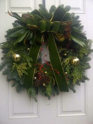 Decorated Wreath - 12&quot; Noble Fir Wreath Dark Green and Gold Ribbon