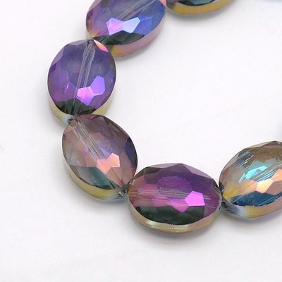 10 x Faceted Electroplated Glass Oval Coins, Petrol Purple/Blue, 16x12mm