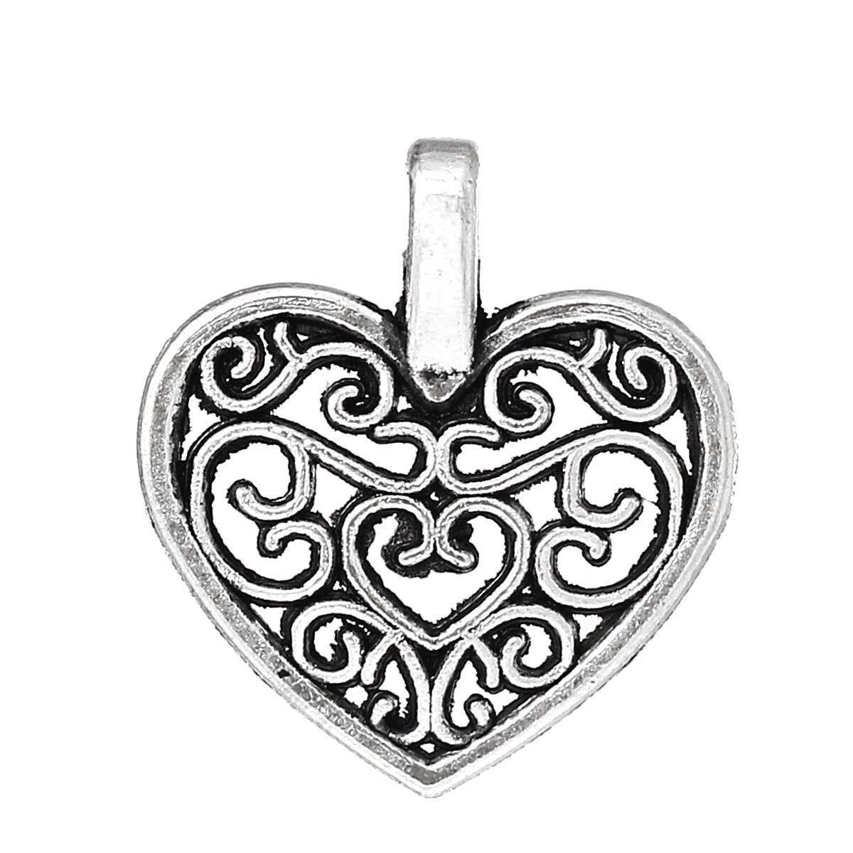 Antique Silver Carved Heart Pendant/Charm, 15x16mm