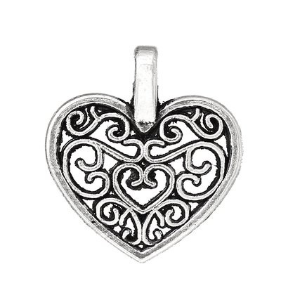 Antique Silver Carved Heart Pendant/Charm, 15x16mm