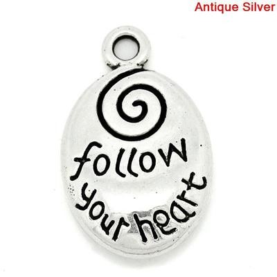 Silver 'Follow Your Heart' Charm, 12x20mm