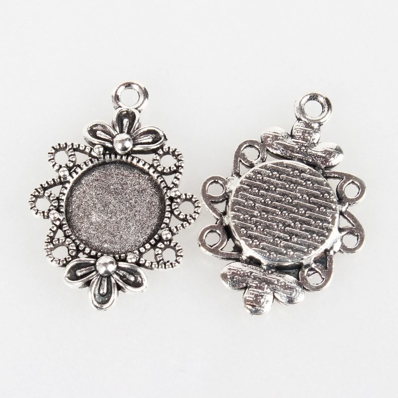 10 x Decorative Antique Silver Bezel Drops, 12mm Tray