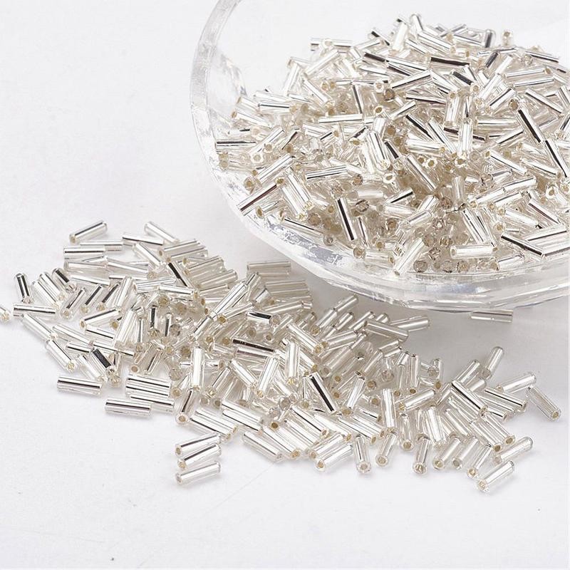 Long Metallic Glass Bugle Beads in Silver, 12mm