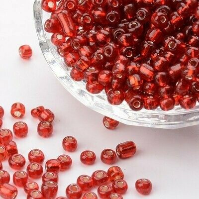 Silver Lined Glass Seed Beads in Red, Size 6, 4mm approx.