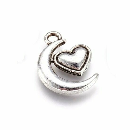 Antique Silver Moon & Heart Charms, 17x13mm