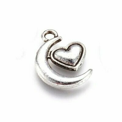 Antique Silver Moon & Heart Charms, 17x13mm