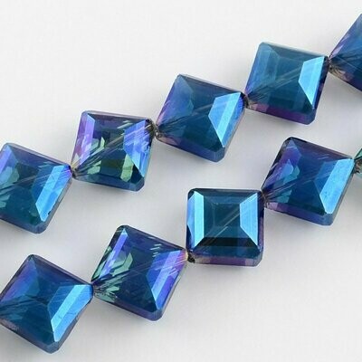 10 x Electroplated Glass Diamond Beads in Electric Blue, 14x14mm