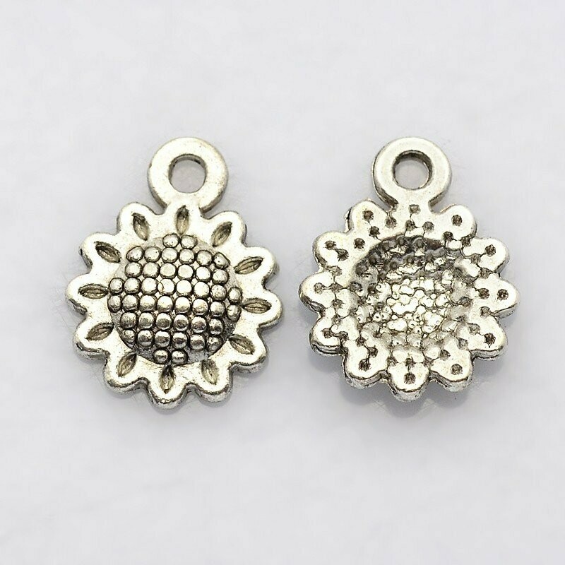 Antique Silver Tibetan Sunflower Charm, 12x9mm