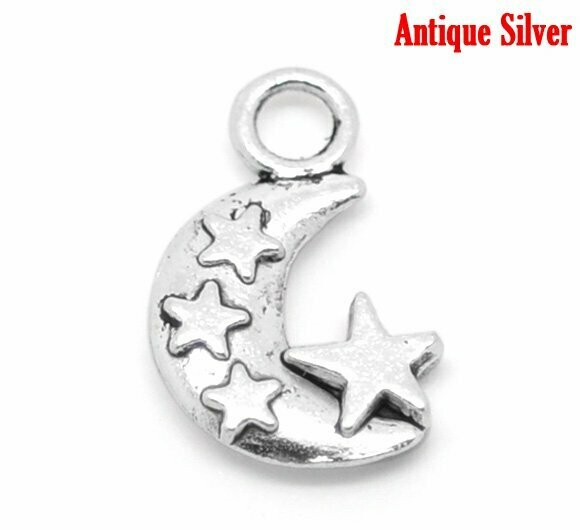 Antique Silver Moon and Stars Charm, 20x12mm