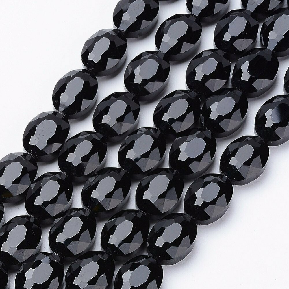 10 x Faceted Glass Oval Coins in Black, 16x13mm