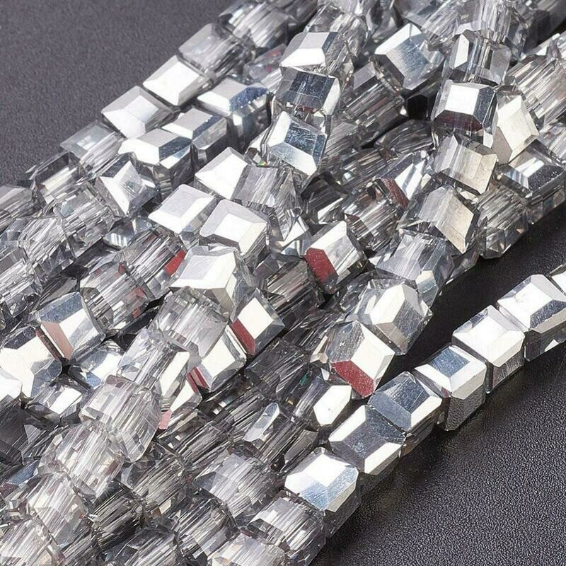4mm Electroplated Faceted Crystal Cubes in Silver