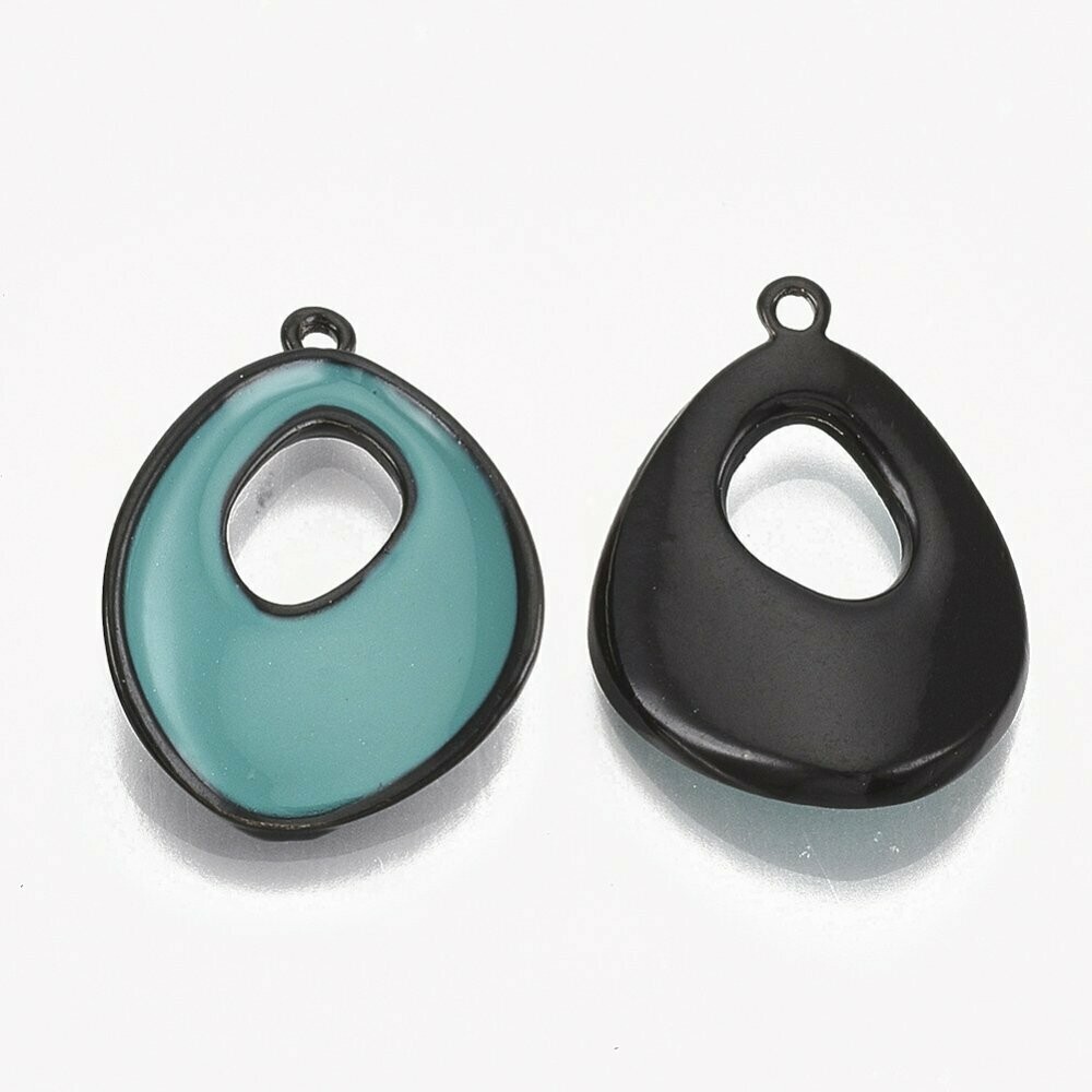 Oval Enamel Pendant/Charm in Teal & Black, 21x16mm