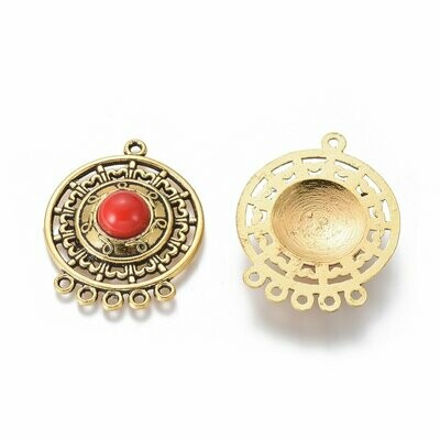 Antique Gold and Red Resin Pendant/Link, 39x30mm