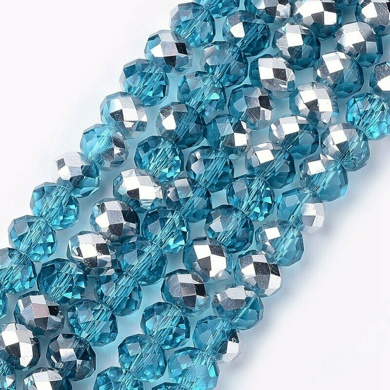 50 x 8x6mm Half Silver Plated Faceted Glass Rondelles in Blue