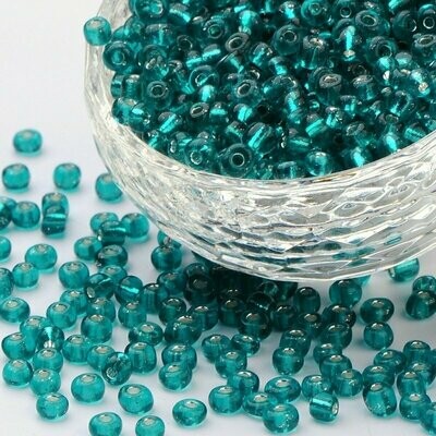 Silver Lined Glass Seed Beads in Sea Green/Teal, Size 6, 4mm approx.
