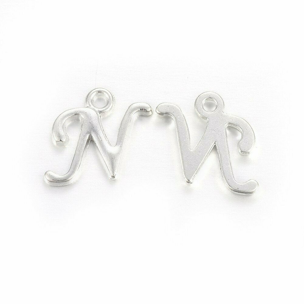 Silver Letter 'N' Charm/Pendant, 15x8x2mm