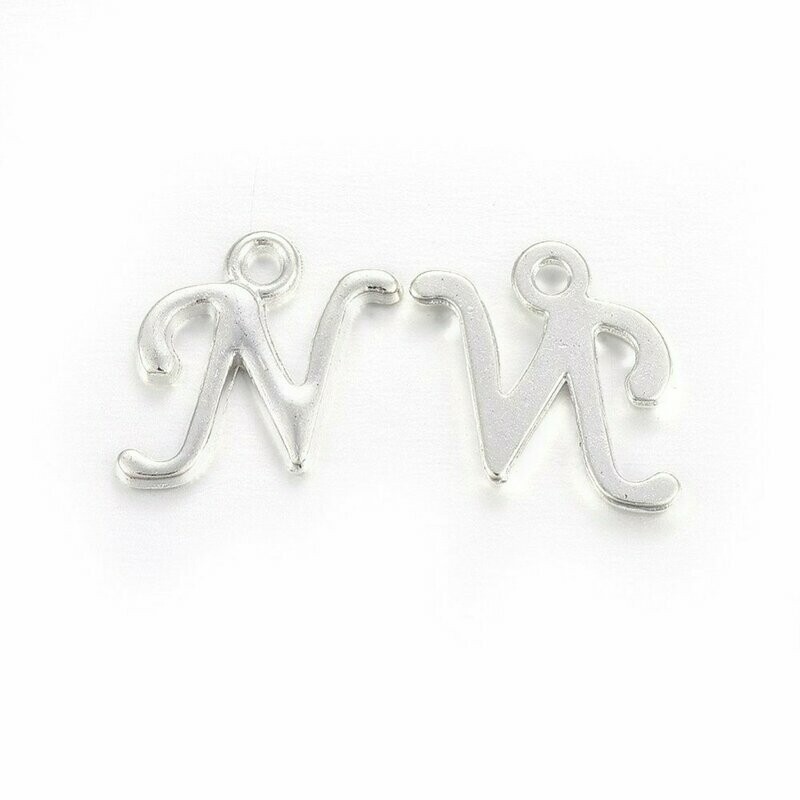 Silver Letter 'N' Charm/Pendant, 15x8x2mm