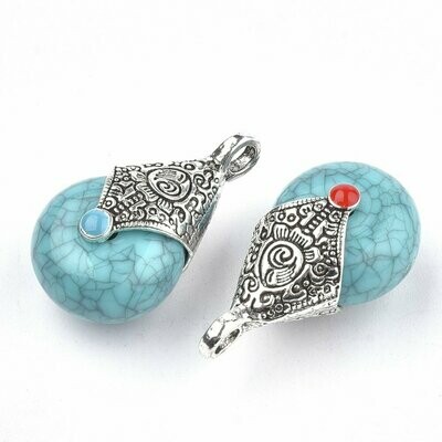 Tibetan Style Antique Silver & Resin Pendants, Turquoise, 28x16mm