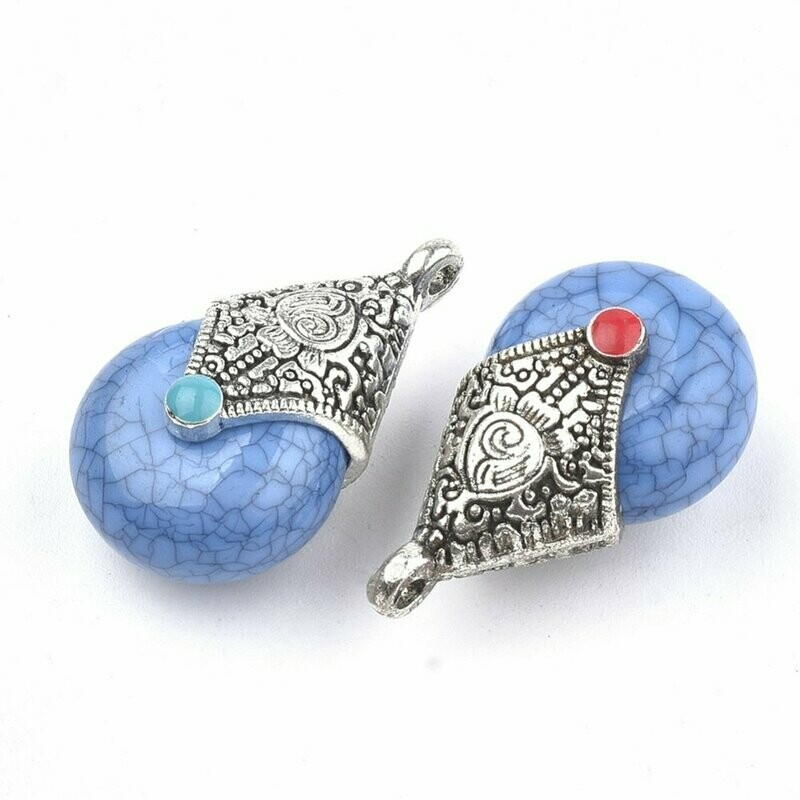 Tibetan Style Antique Silver & Resin Pendants, Cornflower Blue, 28x16mm