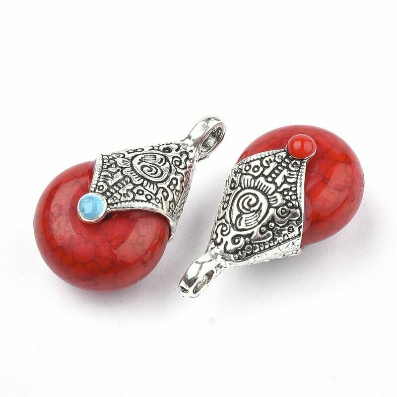 Tibetan Style Antique Silver & Resin Pendants, Red, 28x16mm