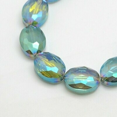 10 x Faceted Electroplated Glass Oval Coins, Aquamarine, 16x12mm