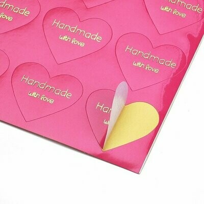 Magenta & Gold Heart Shaped 'Handmade with Love' Labels/Stickers, 28x32mm