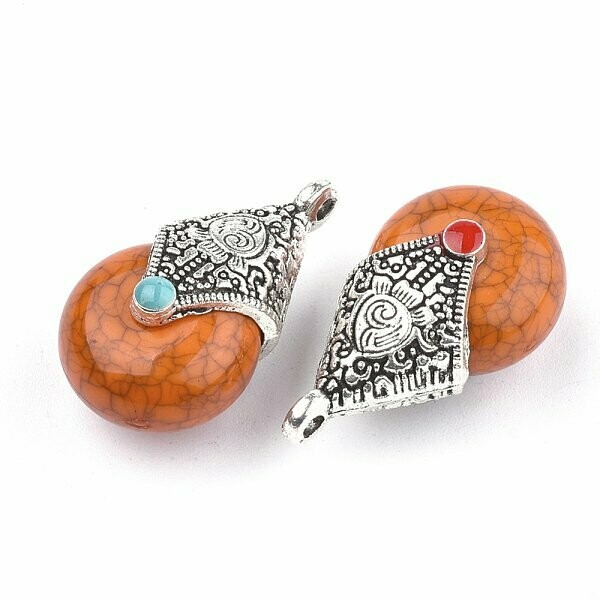 Tibetan Style Antique Silver & Resin Pendants, Terracotta/Orange, 28x16mm