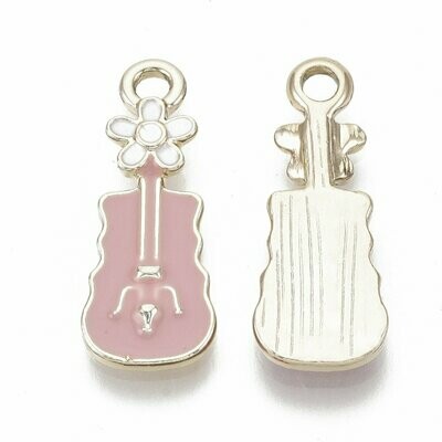 Light Gold Violin Charm with Pink and White Enamel, 25x10x2.5mm