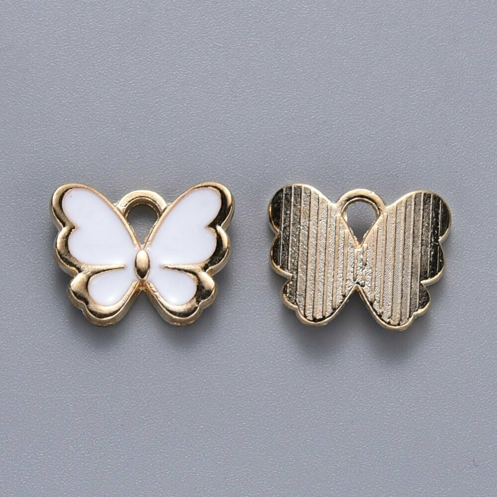 Enamel & Light Gold Butterfly Charm in White, 10x13mm