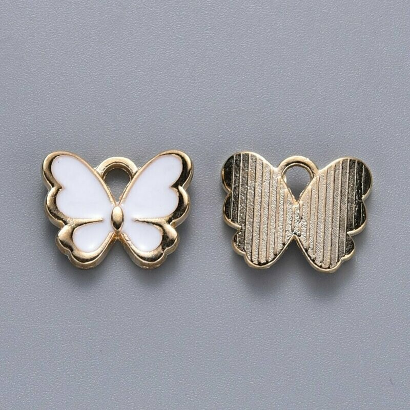 Enamel & Light Gold Butterfly Charm in White, 10x13mm