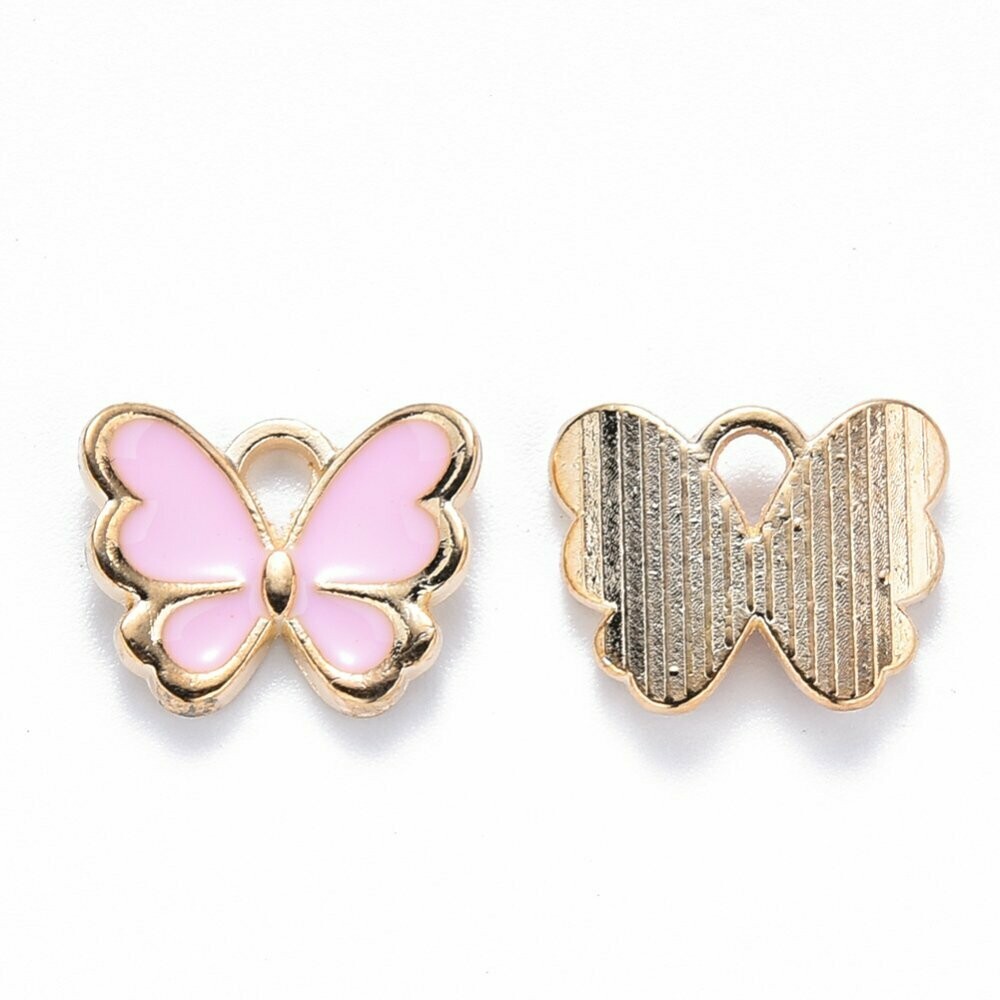 Enamel & Light Gold Butterfly Charm in Pink, 10x13mm
